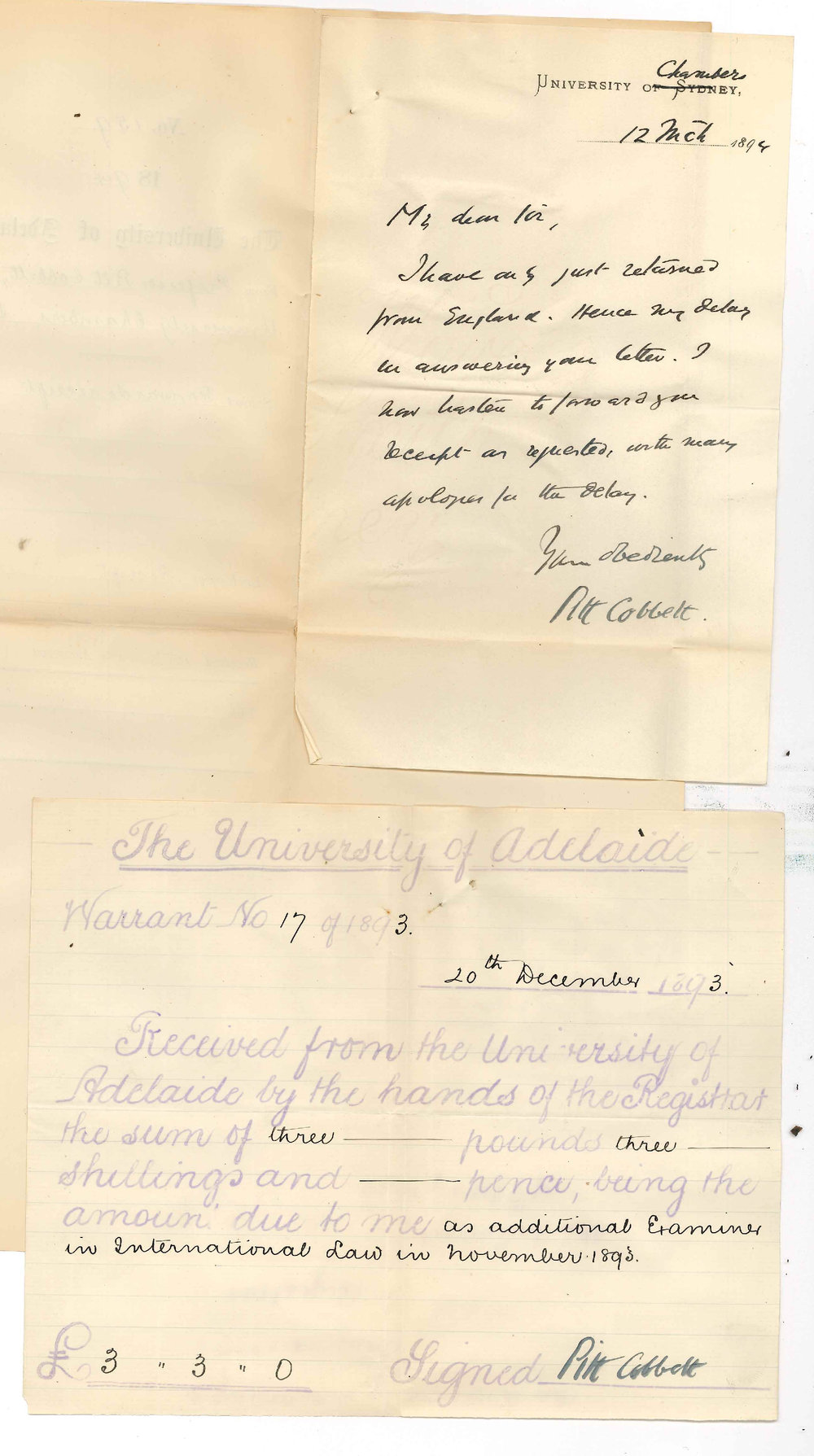 Professor William Pitt Cobbett - University Chambers Sydney - Forwards receipt