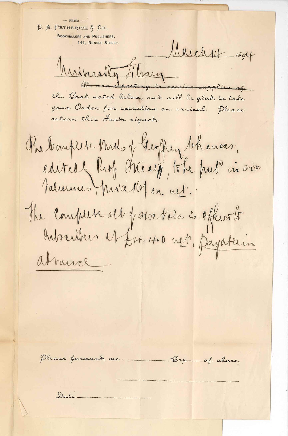 E A Petherick and Company - Rundle Street City - Request order for the Complete Works of Geoffrey Chaucer edited by Professor W Skeat to be published in six volumes