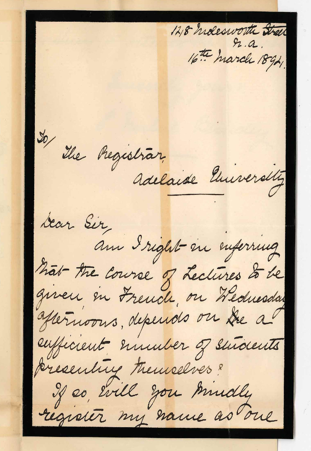 Miss Ellen Milne Bundey - 128 Molesworth Street North Adelaide - Will attend afternoon Class in French during 1894