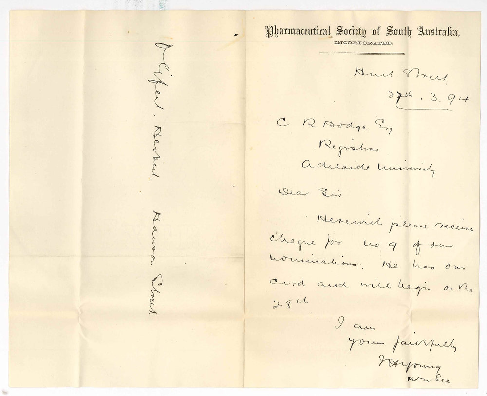 JH Young - Honorary Secretary - Pharmaceutical Society of South Australia - Hutt Street City - Names of Students who will attend Chemistry from the Pharmaceutical Society