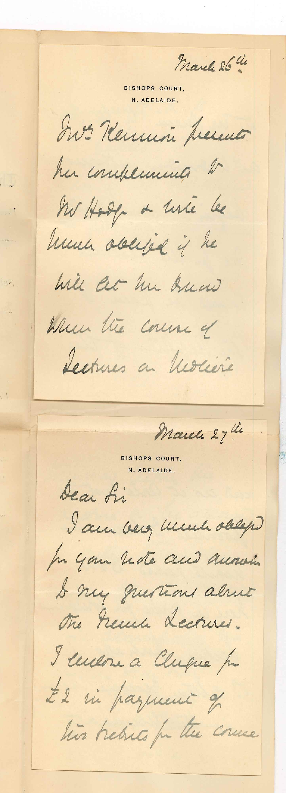 Mrs HD Kennion - Bishops Court North Adelaide - Requests information Evening French Class