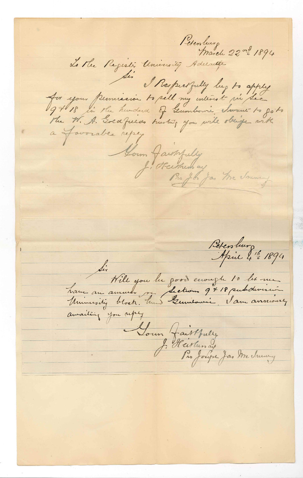Joseph James McInerney per J Heithersay - Agent - Petersburg - Wishes permission to sell interest in Sections 9 and 18 Parnaroo