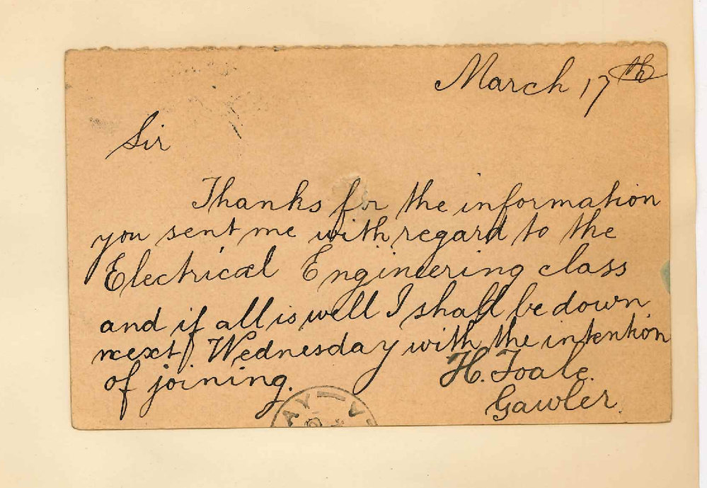 H Foale - Gawler - Will join Electrical Engineering Class for 1894