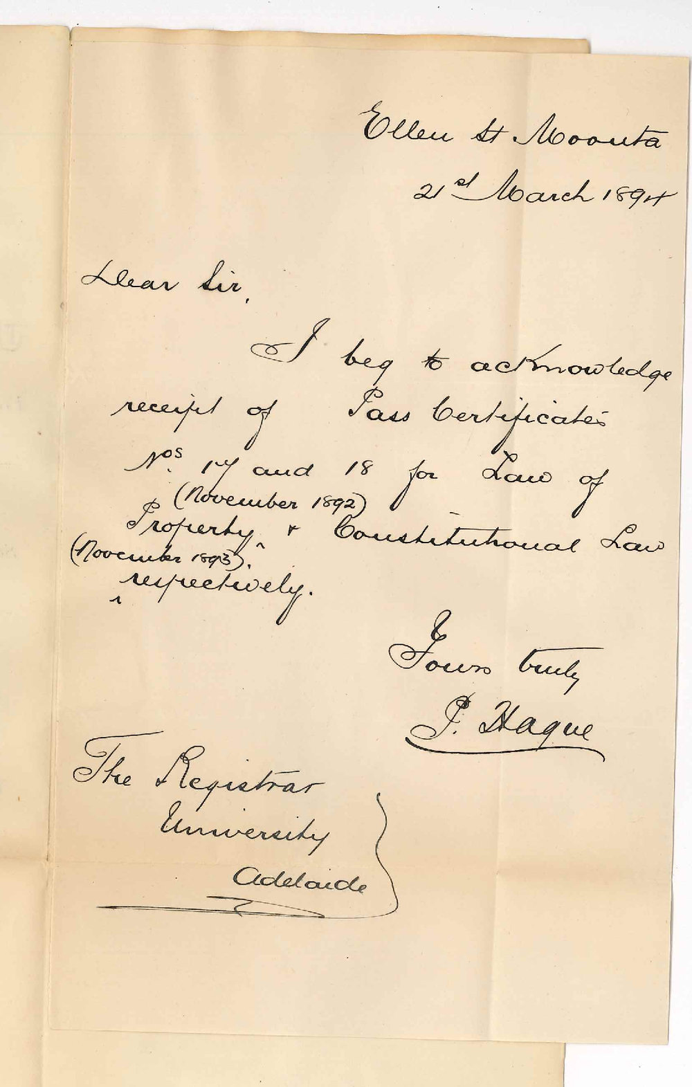 Percy Hague - Ellen Street Moonta - Acknowledges receipt of Law Certificates