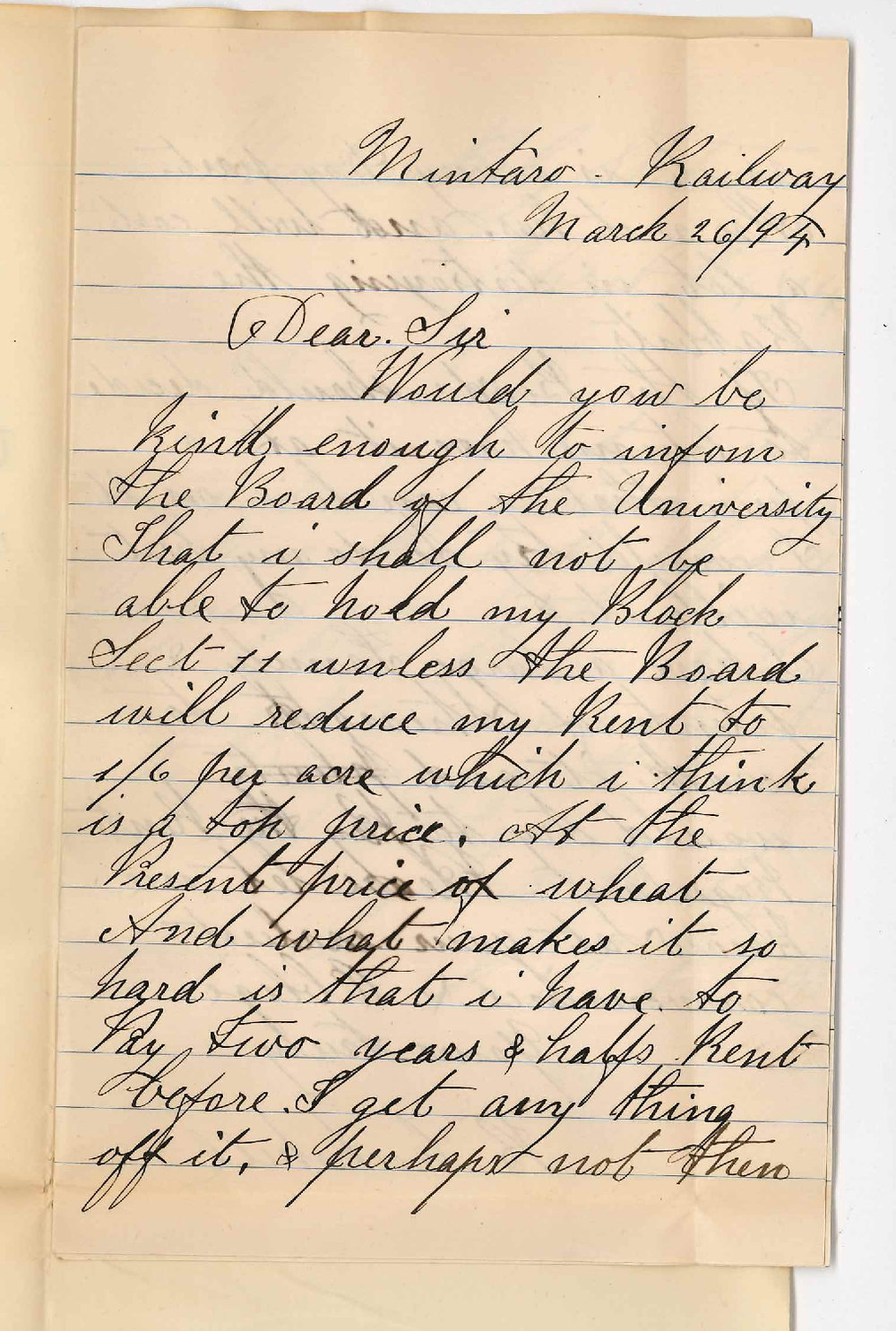 Benjamin Cockshell - Mintaro Railway - Wishes rent of land at Parnaroo reduced to 1/6 per acre