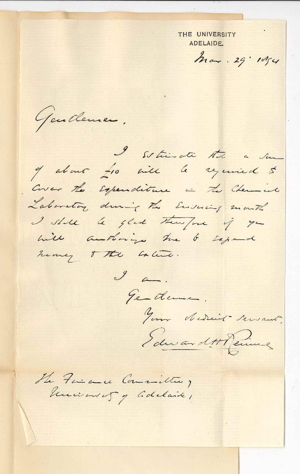 Professor Edward Henry Rennie - The University - Expenditure for April 1894