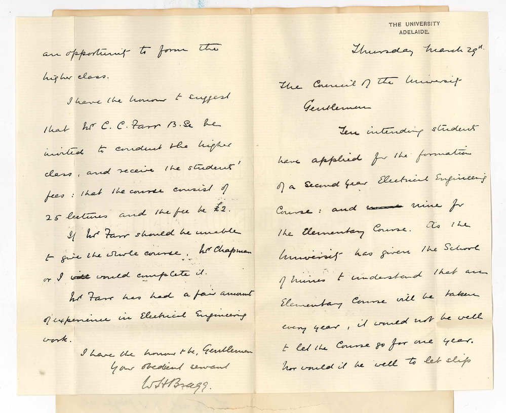 Professor William Henry Bragg - The University - Re Electric Engineering Classes for 1894