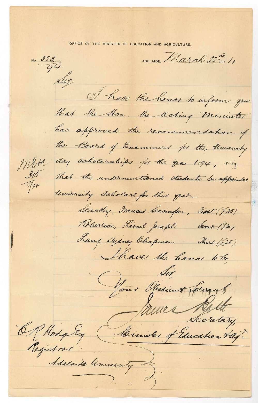 James Bath - Secretary - Minister of Education etc - Approves University Scholars for the year 1894