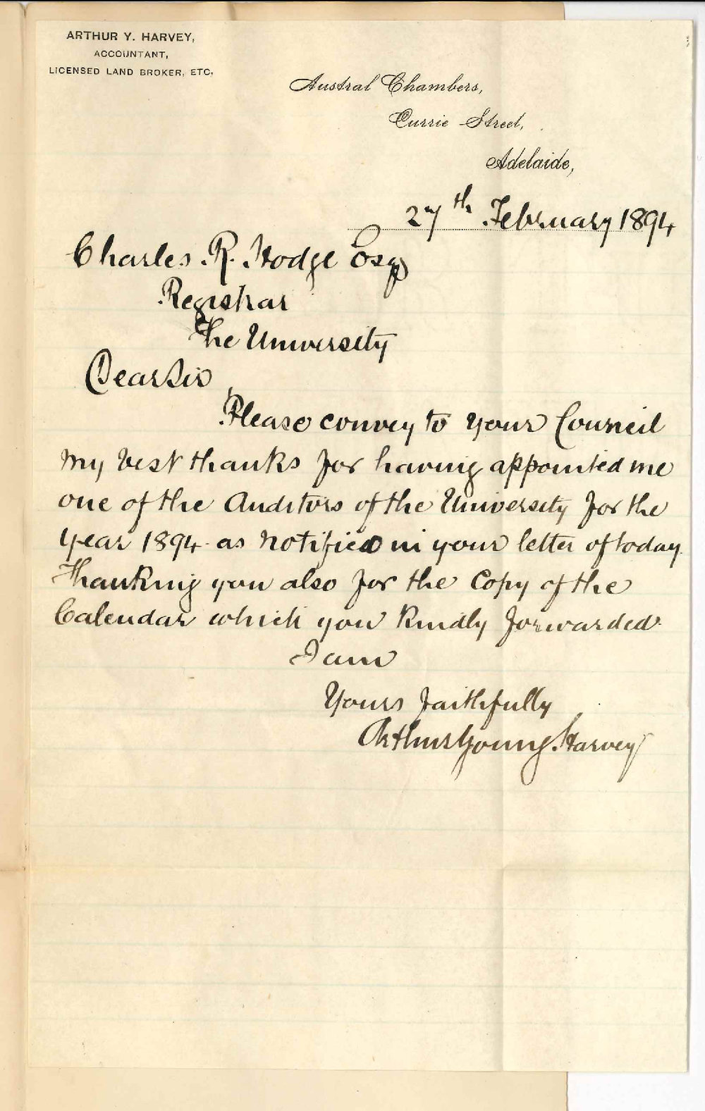 Arthur Young Harvey - Austral Chambers - Currie Street - Thanks Council for appointing him Auditor for 1894
