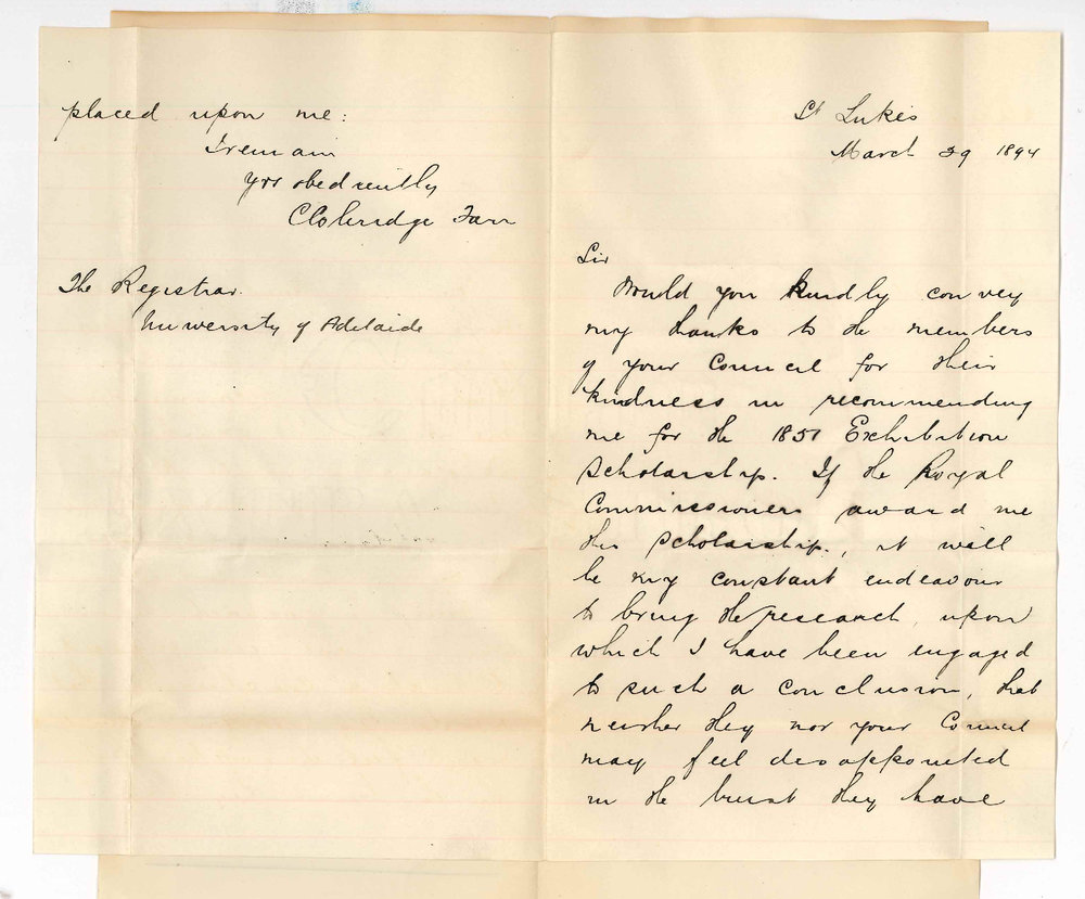Clinton Coleridge Farr - St Lukes Parsonage City - Thanks Council for recommending him to Science Exhibition 1851 Scholarship