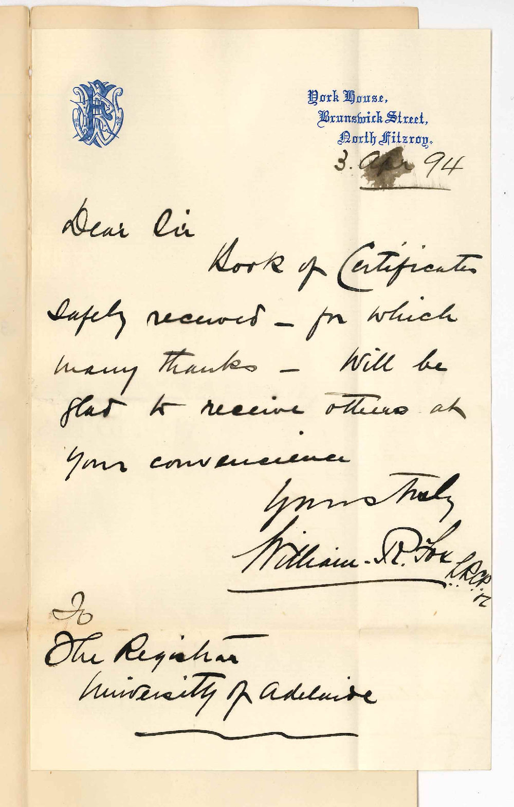 William R Fox - York House - Brunswick Street North Fitzroy Victoria - Safe receipt of Certificates - Glad to receive others