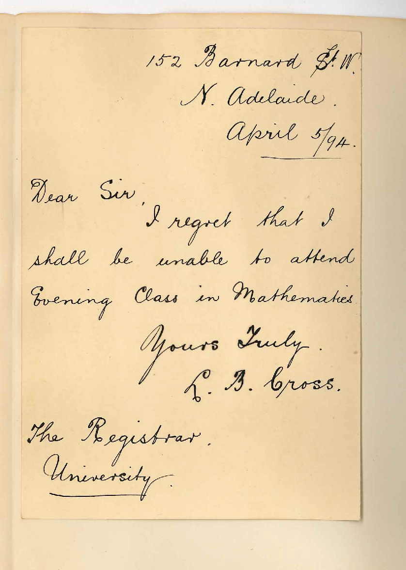 LB Cross - 152 Barnard Street North Adelaide - Unable to take up Evening Class Mathematics