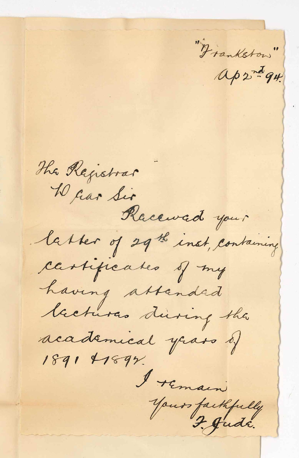 Frederick John Jude - Frankston - Acknowledges receipt of MB Certificates