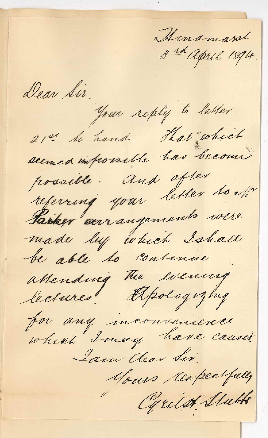 Cyril H Stubbs - Hindmarsh - Intention of proceeding with Evening Class Physics