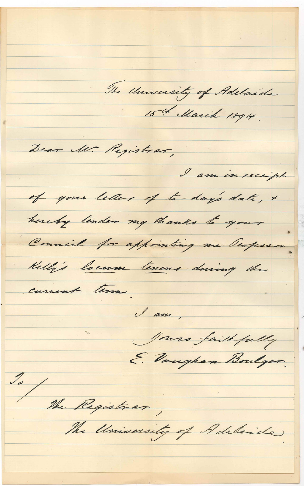 Professor Edward Vaughan Boulger - The University - Thanks Council for appointing him Professor Kelly's locum tenens during 1st term 1894