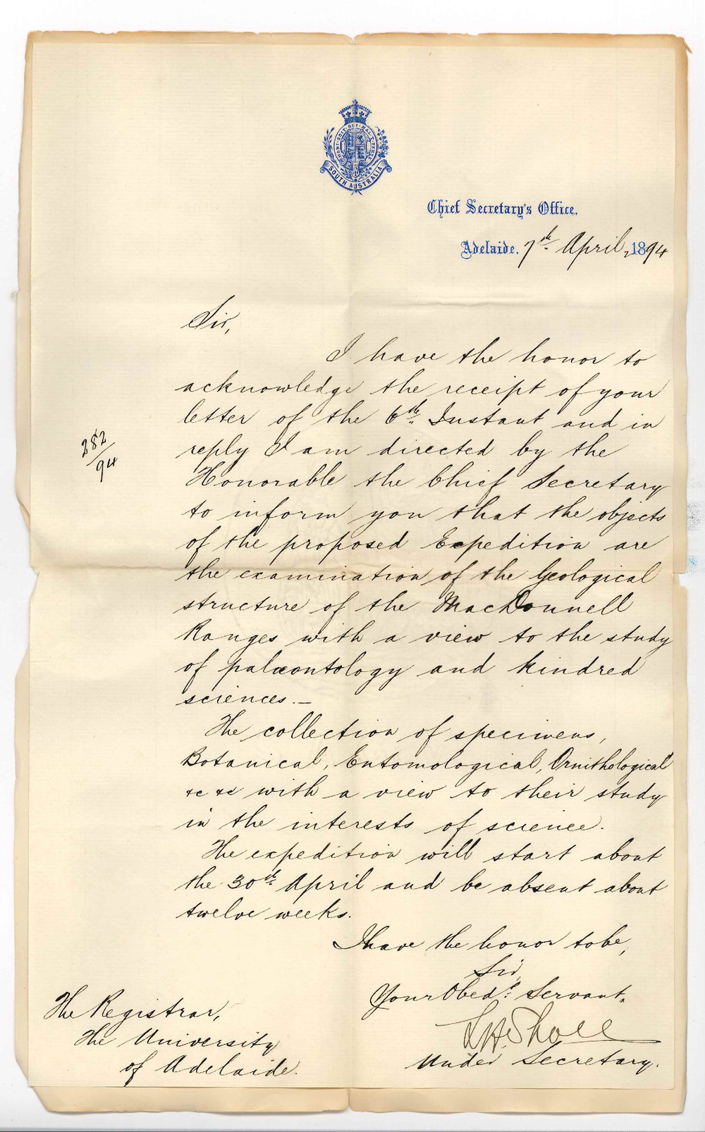 The Honourable Chief Secretary - City - Objects of proposed Expedition to MacDonnell ranges