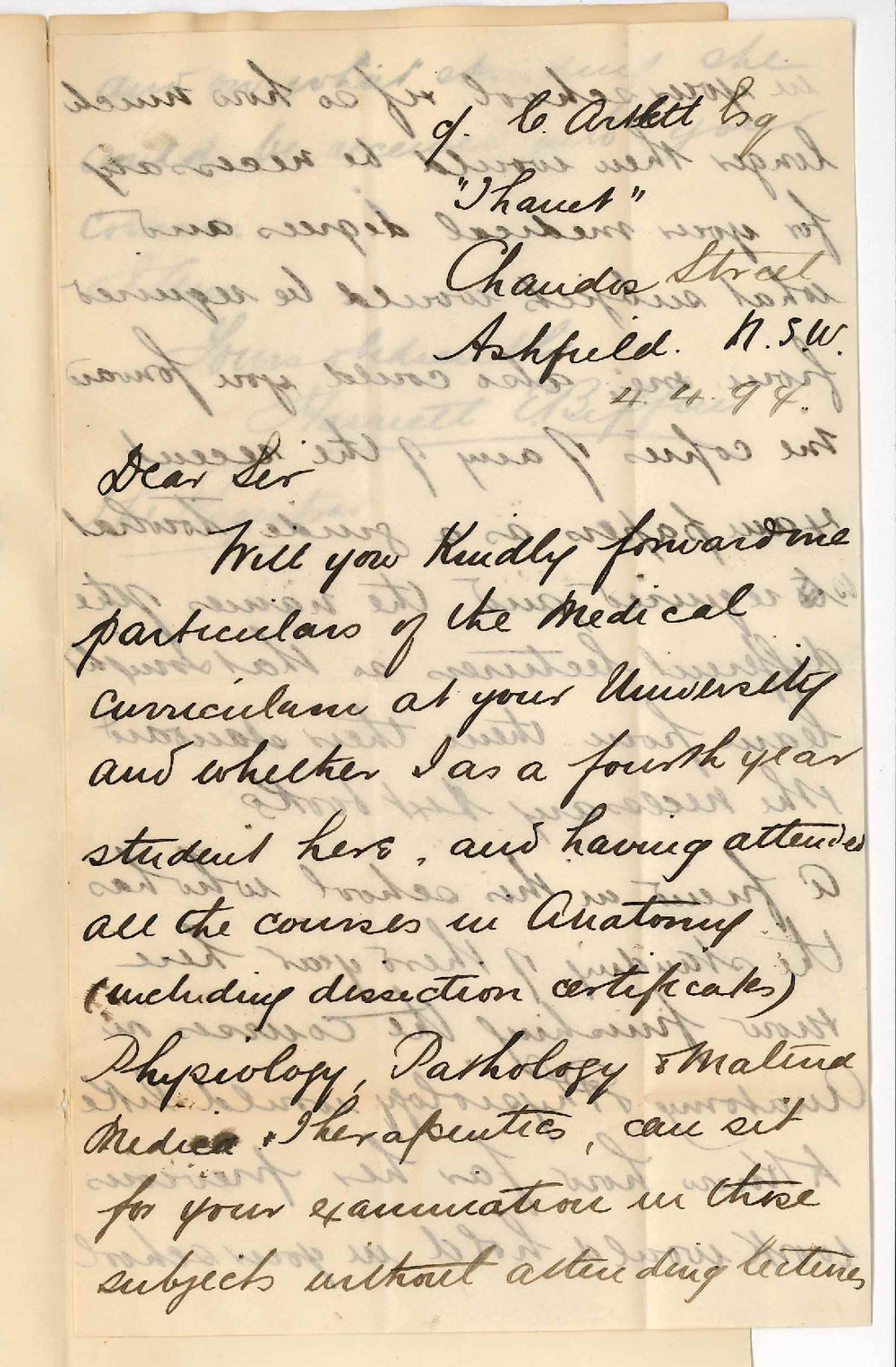 Miss Harriet E Biffin - c/o C Artlett Esq - Thanet - Chandos Street Ashfield NSW - Particulars Medical course and standing certain students could take here