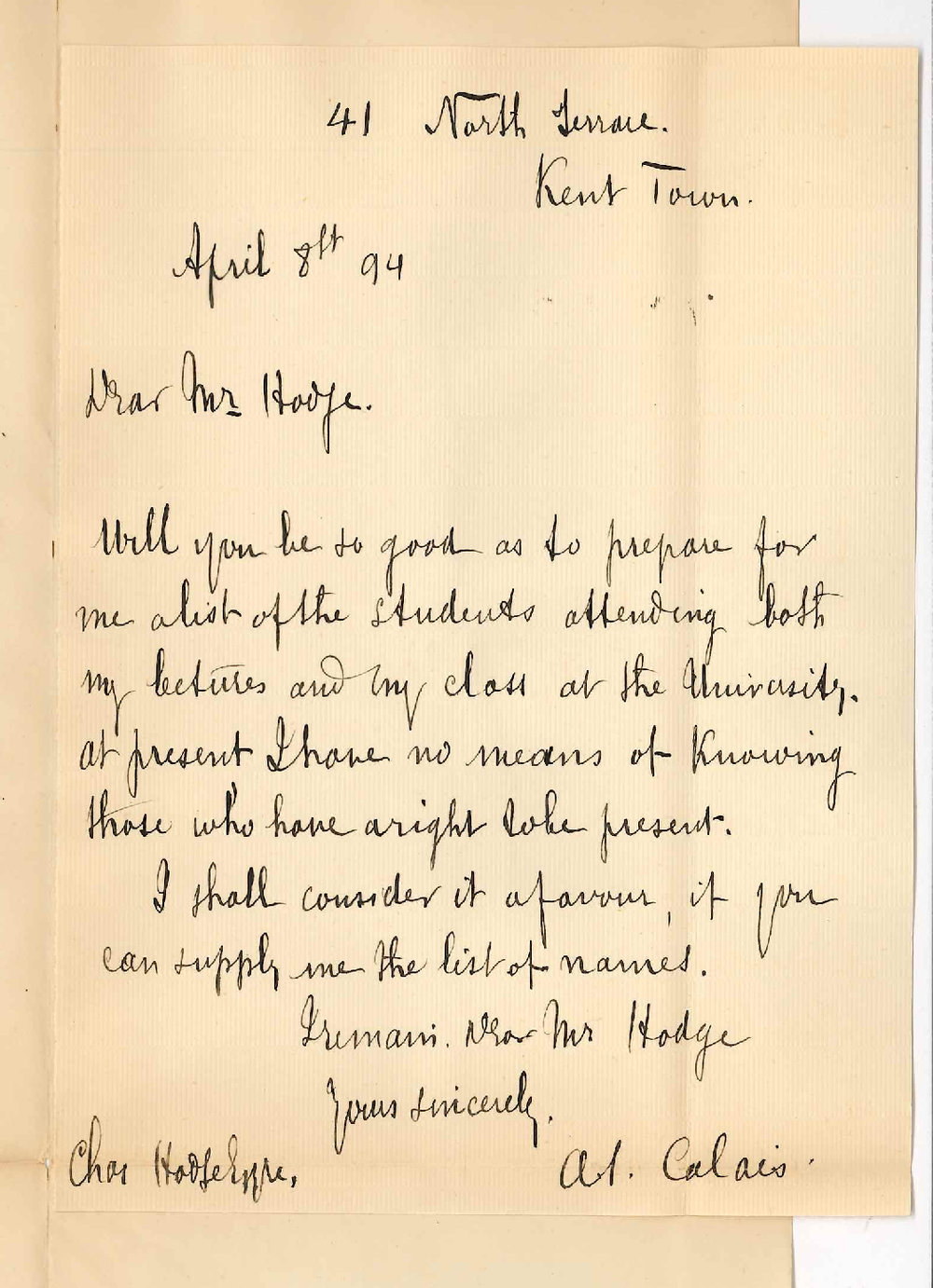 AI Calais - North Terrace Kent Town - Asks for list of students who have paid their fees and are entitled to attend his French lectures