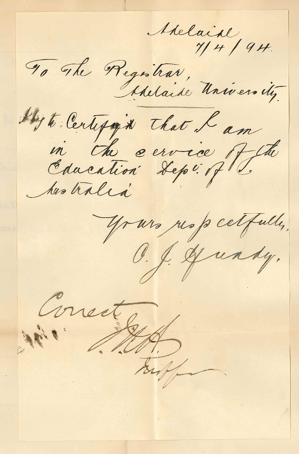 CJ Mundy - Adelaide - Certifying that he is in the service of the Education Department