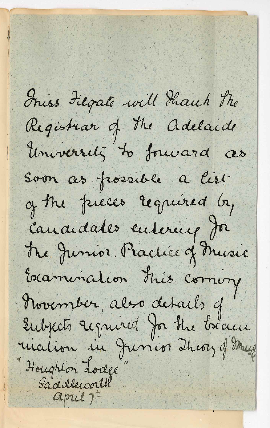 Miss Filgate - Houghton Lodge - Saddleworth - Request list of pieces for Music Exams