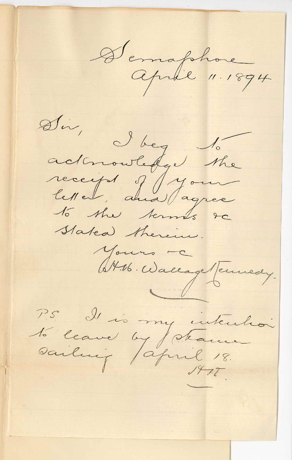 HM Wallage Kennedy - Semaphore - Acknowledges receipt of letter and agrees to the terms stated therein