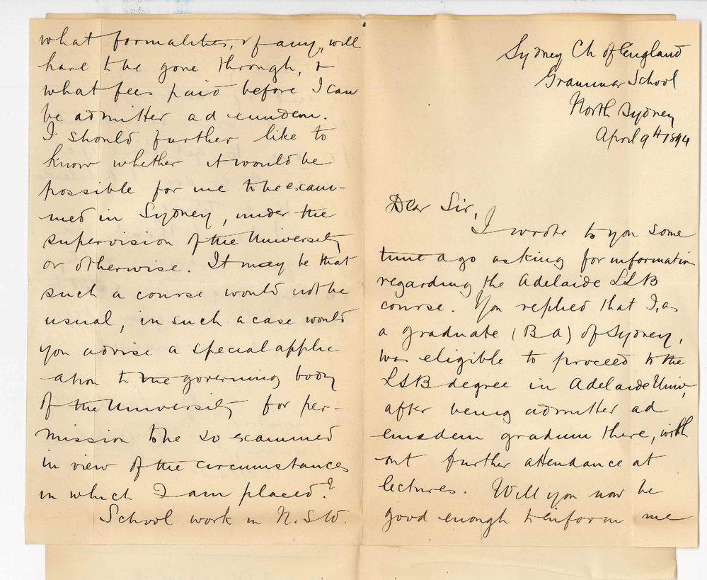 E R Holme - Sydney Church of England Grammar School - North Sydney NSW - Regarding LLB degree etc also admission ad eundem gradum to BA degree