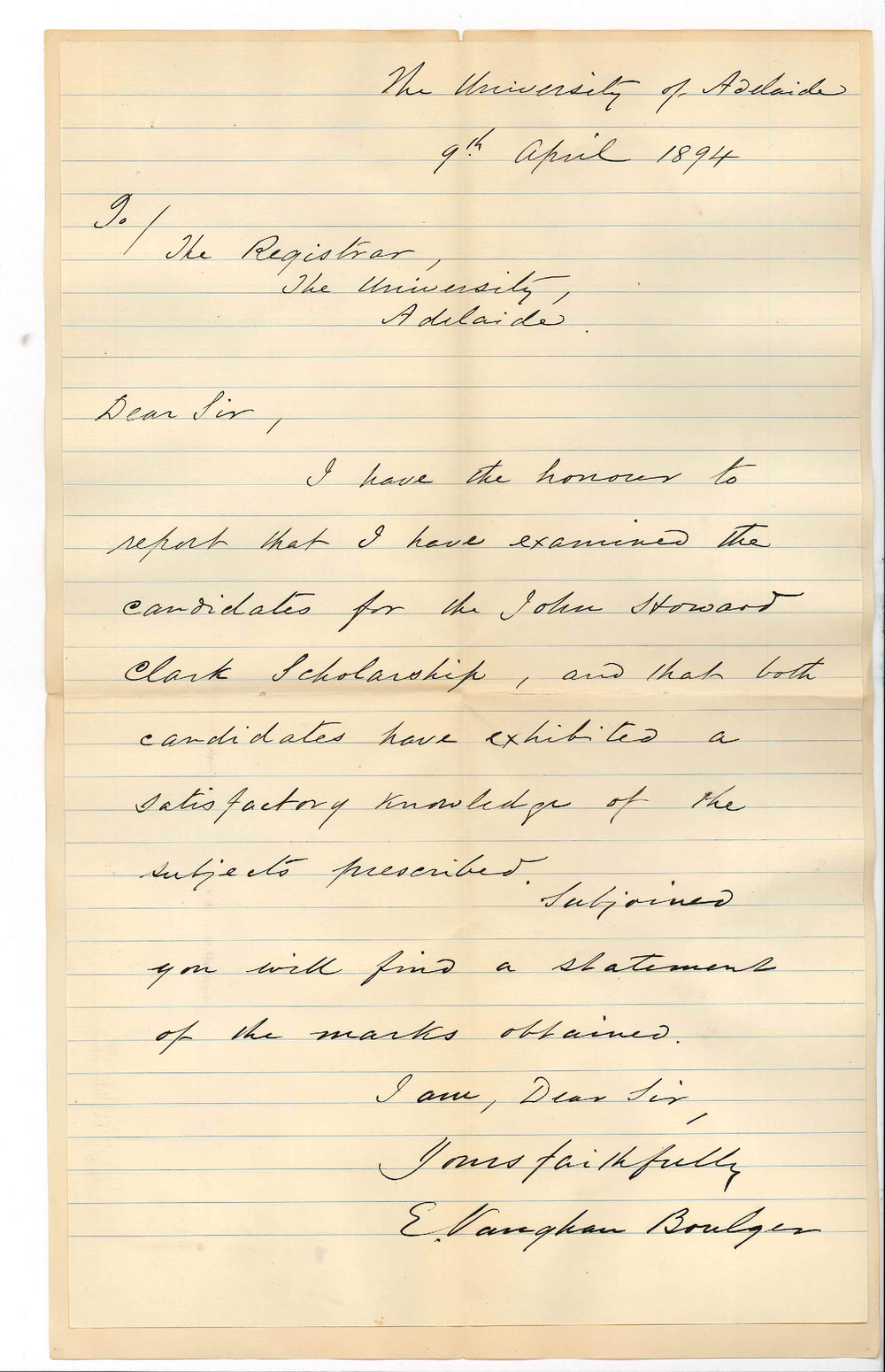 Professor Edward Vaughan Boulger - The University - Results John Howard Clark Scholarship for 1894