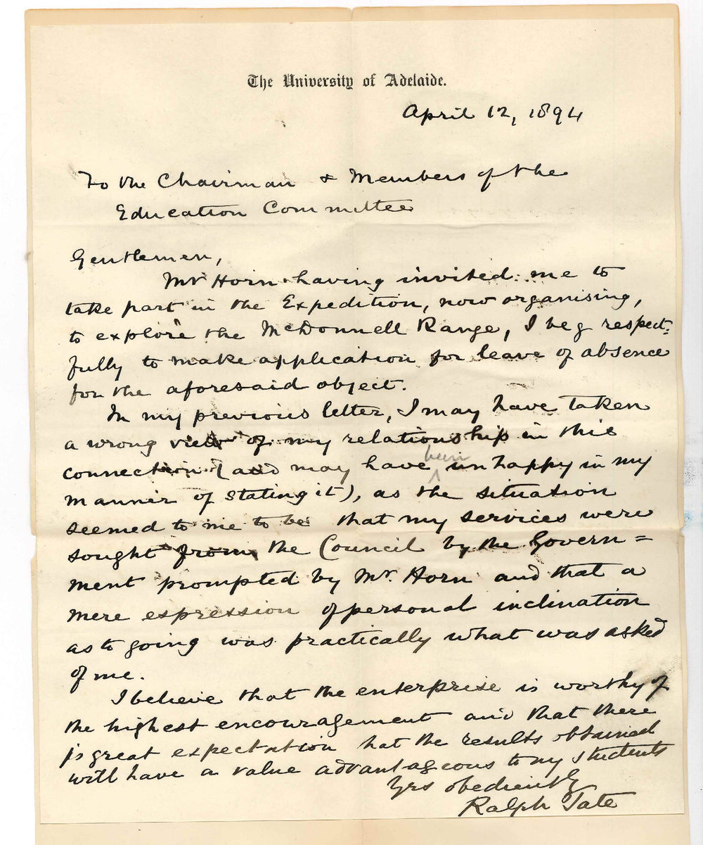 Professor Ralph Tate - The University - Application for leave of absence to take part in McDonnell Range Expedition
