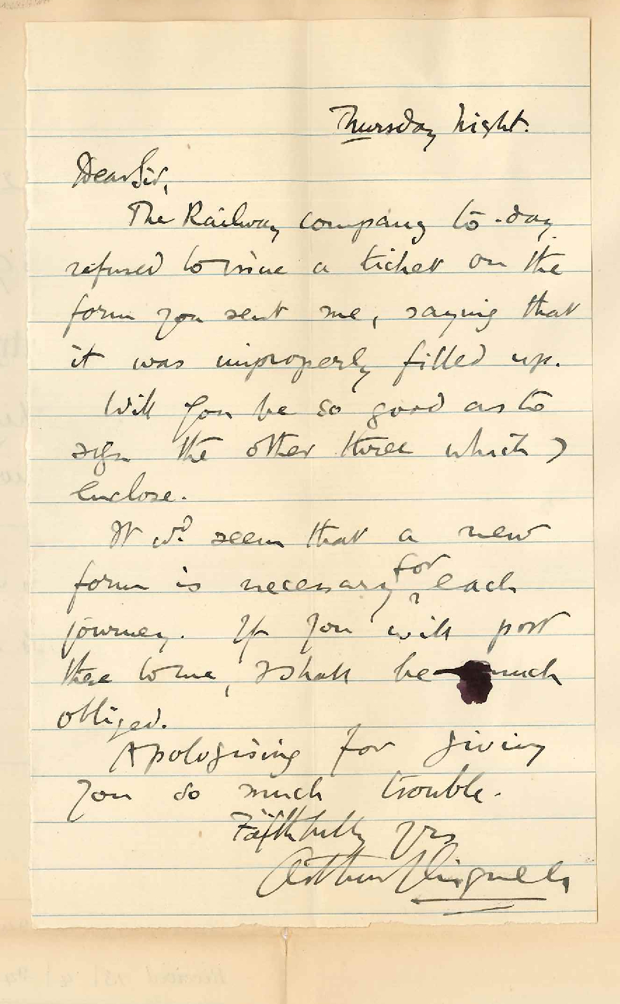 Arthur Chignell - Gawler - Forwards Railway passes for Registrars signature