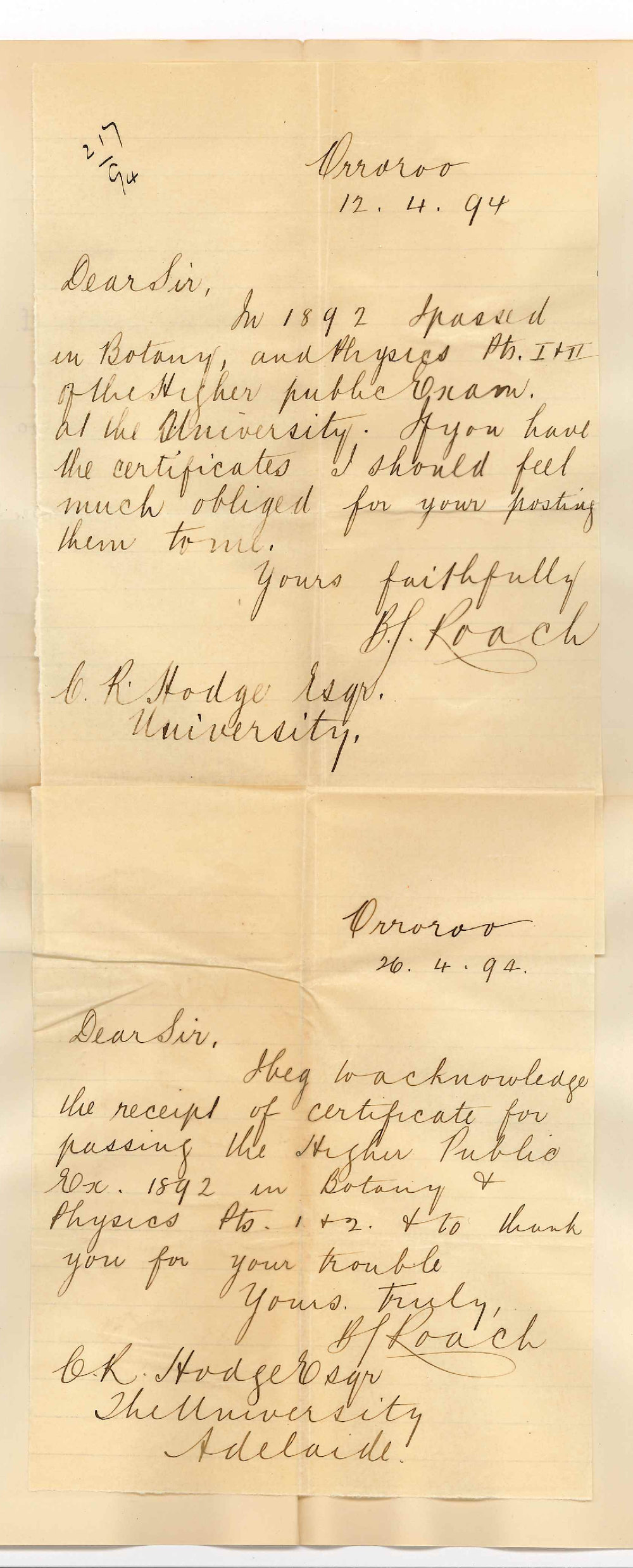 BS Roach - Orroroo - Request Higher Public Certificates