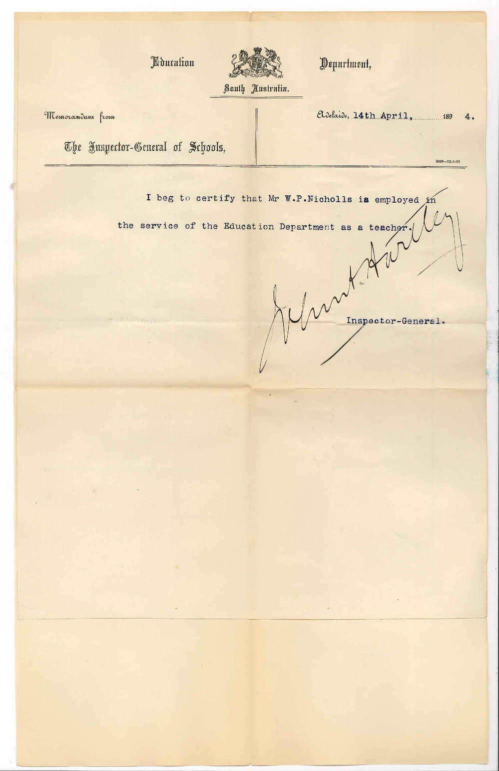 John A Hartley - Inspector General of Schools - Certifying that WP Nicholls is employed by Education Department