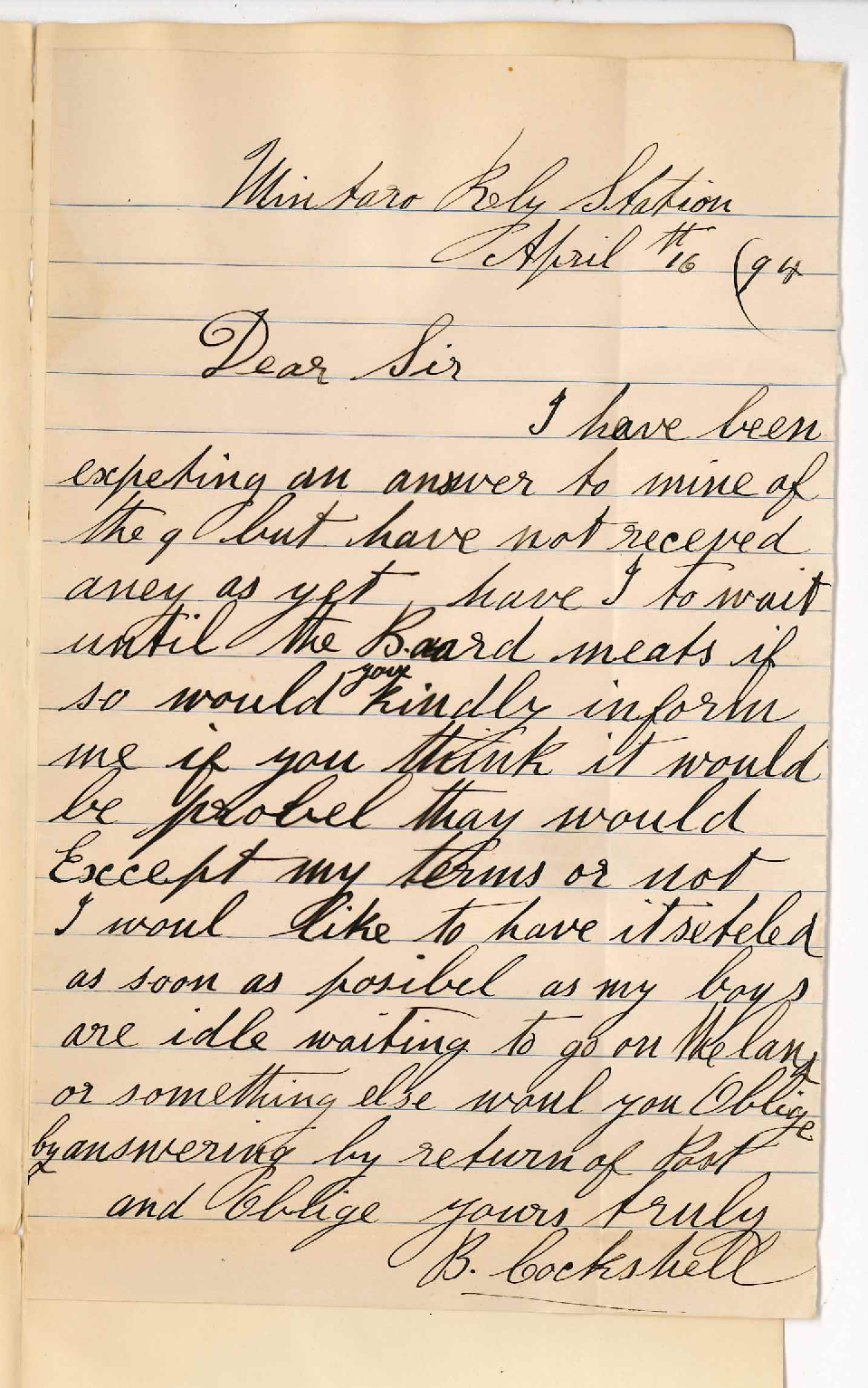 Benjamin Cockshell - Mintaro Railway Station - Requests official answer to former letter asking for reduction of rent