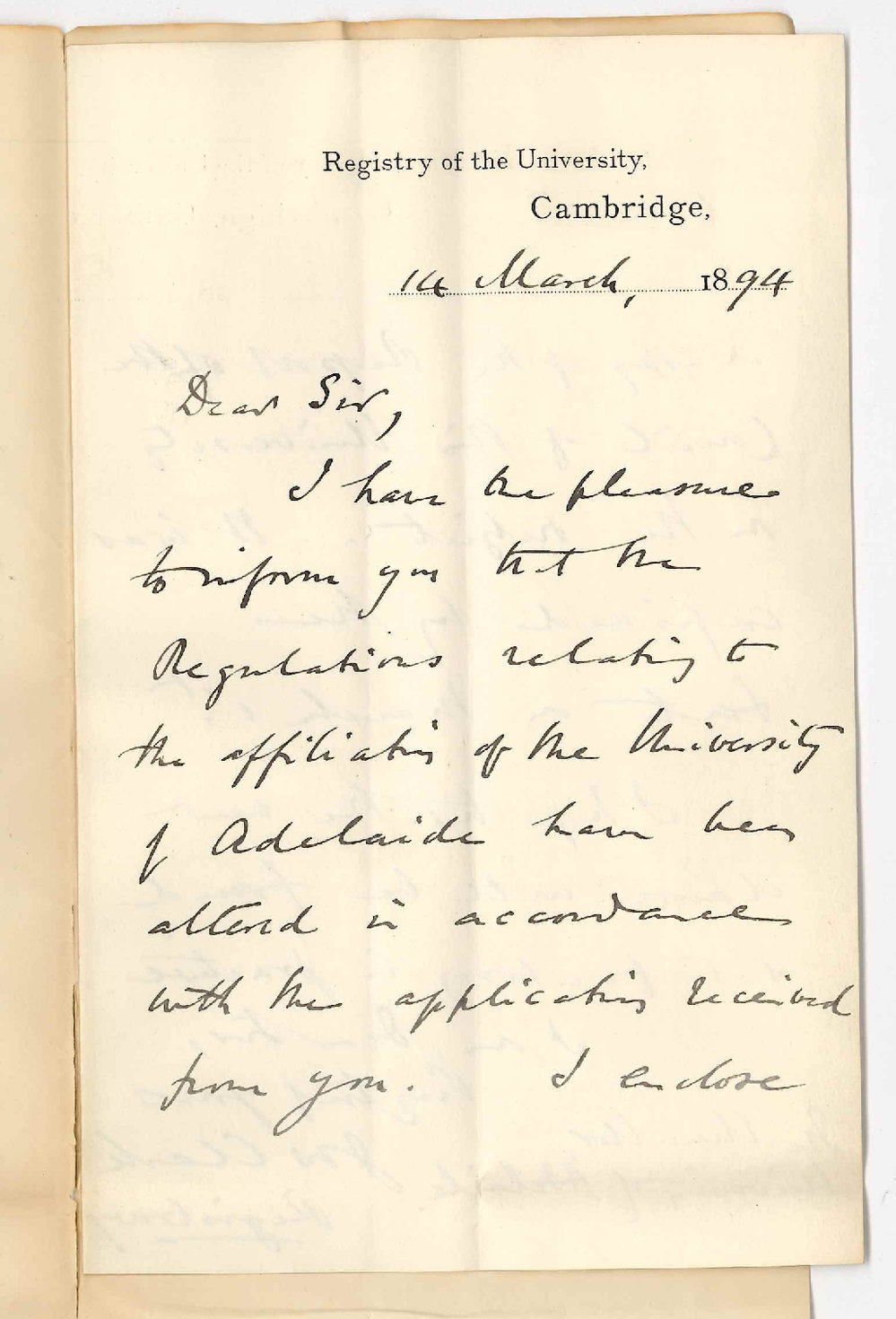 John Willis Clark - Registrar - University Cambridge - to the Chancellor - Affiliation Clause passed by the Senate