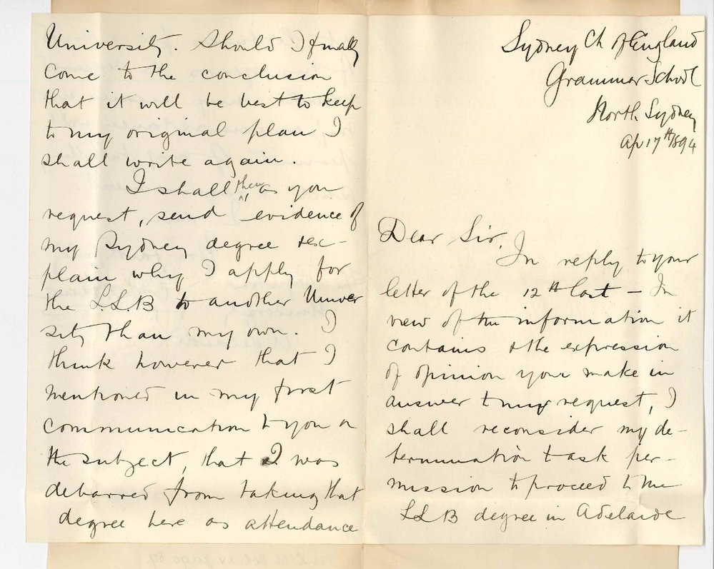 E R Holme - Sydney Church of England Grammar School - North Sydney - Regarding permission to proceed to LLB degree