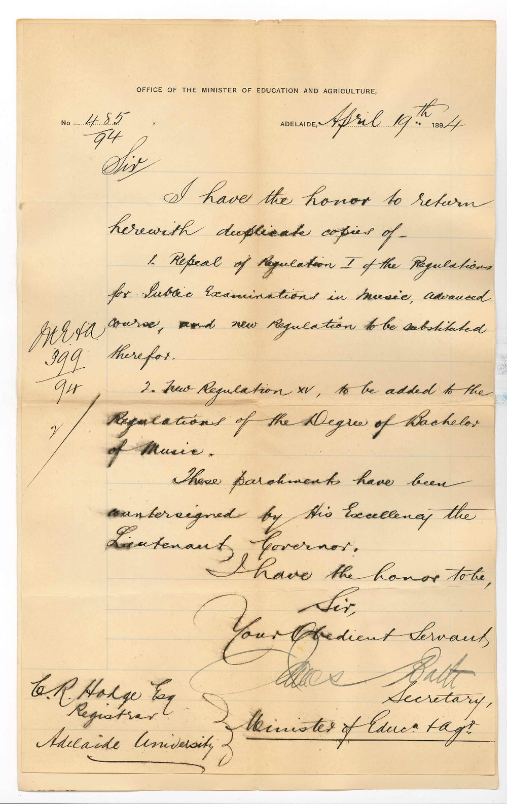 James Bath - Secretary - Minister of Education and Agriculture etc - Forwarding Regulations countersigned by the Lieutenant Governor