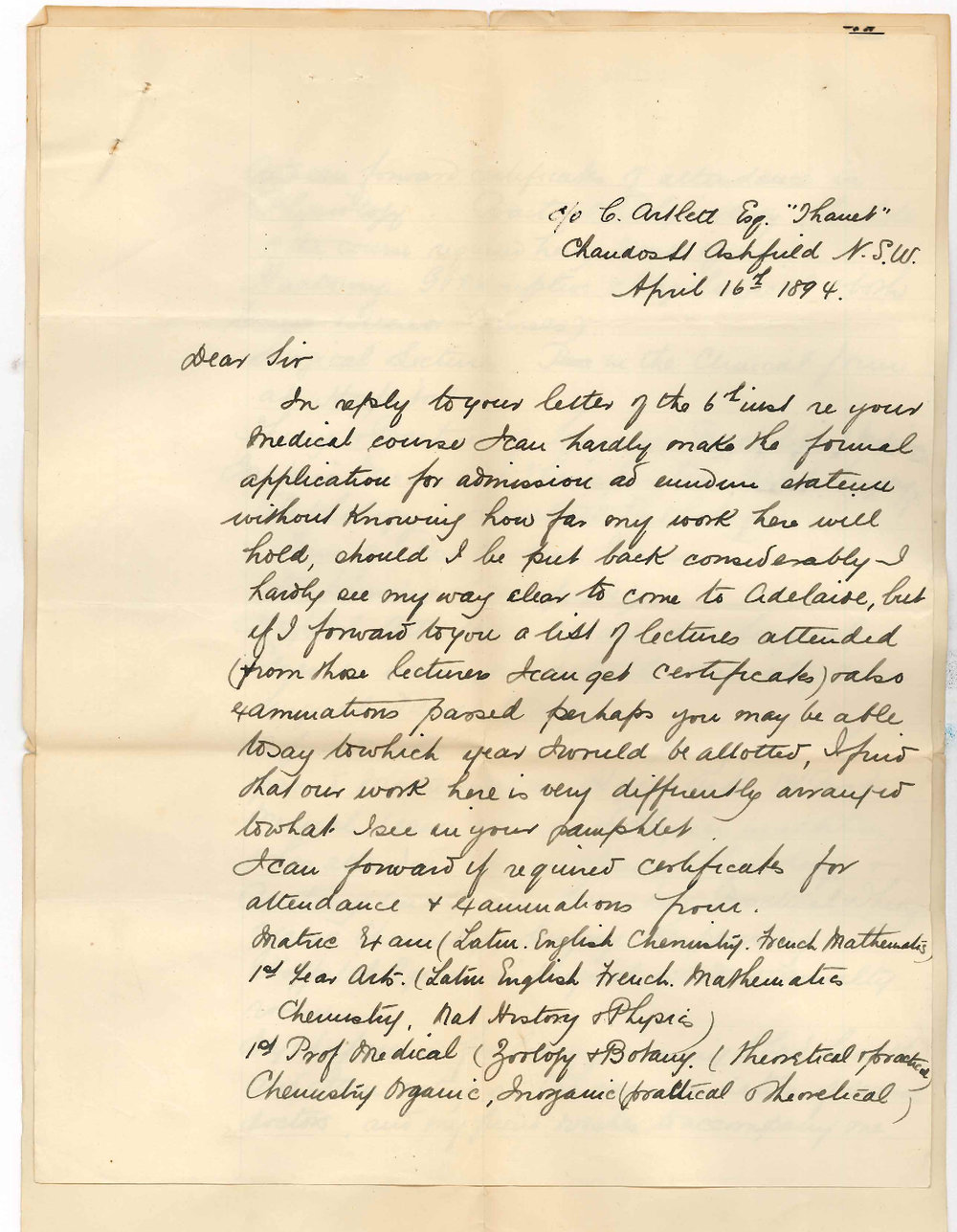 Miss Harriet E Biffin - c/o C Artlett Esq - Thanet - Chandos Street Ashfield NSW - Forwards particulars of lectures attended and exams passed in MB course