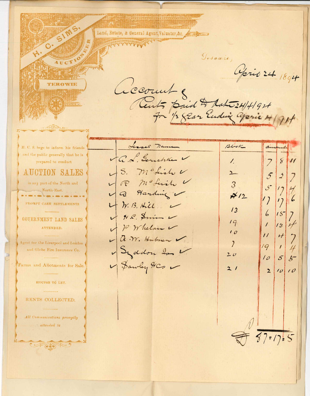 HC Sims - Land, Estate &amp; General Commission Agent - Terowie - Forwards 1/2 years rent and Reports on Block and Tenants