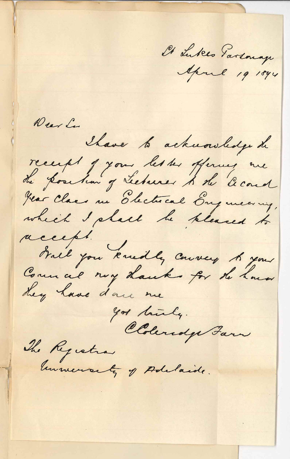 Clinton Coleridge Farr - St Lukes Parsonage - Whitmore Square City - Thanks Council for appointing him lecturer on Electric Engineering Part 2