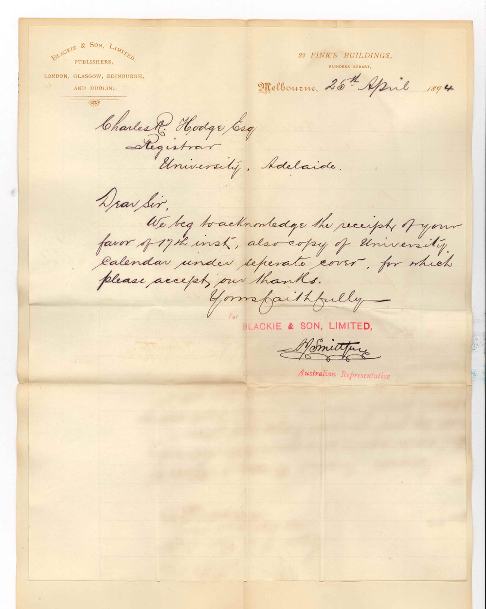 Blackie and Son Limited - 22 Finks Buildings Flinders Street Melbourne - Thanks for Calendar