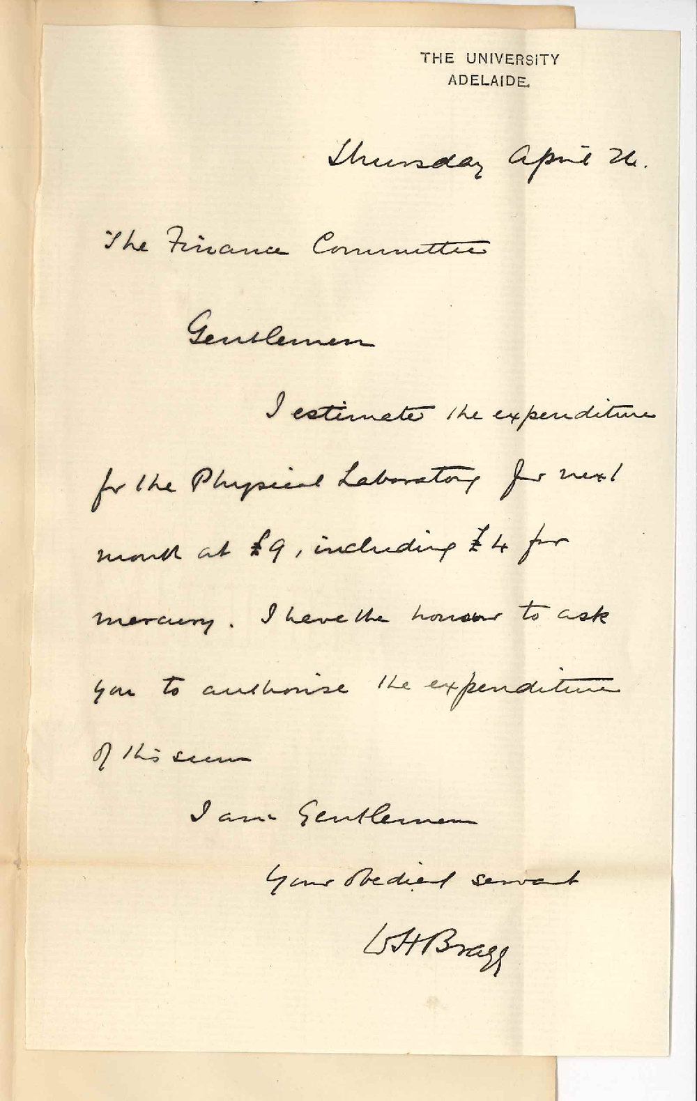 Professor William Henry Bragg - The University - Estimate of expenditure for May 1894