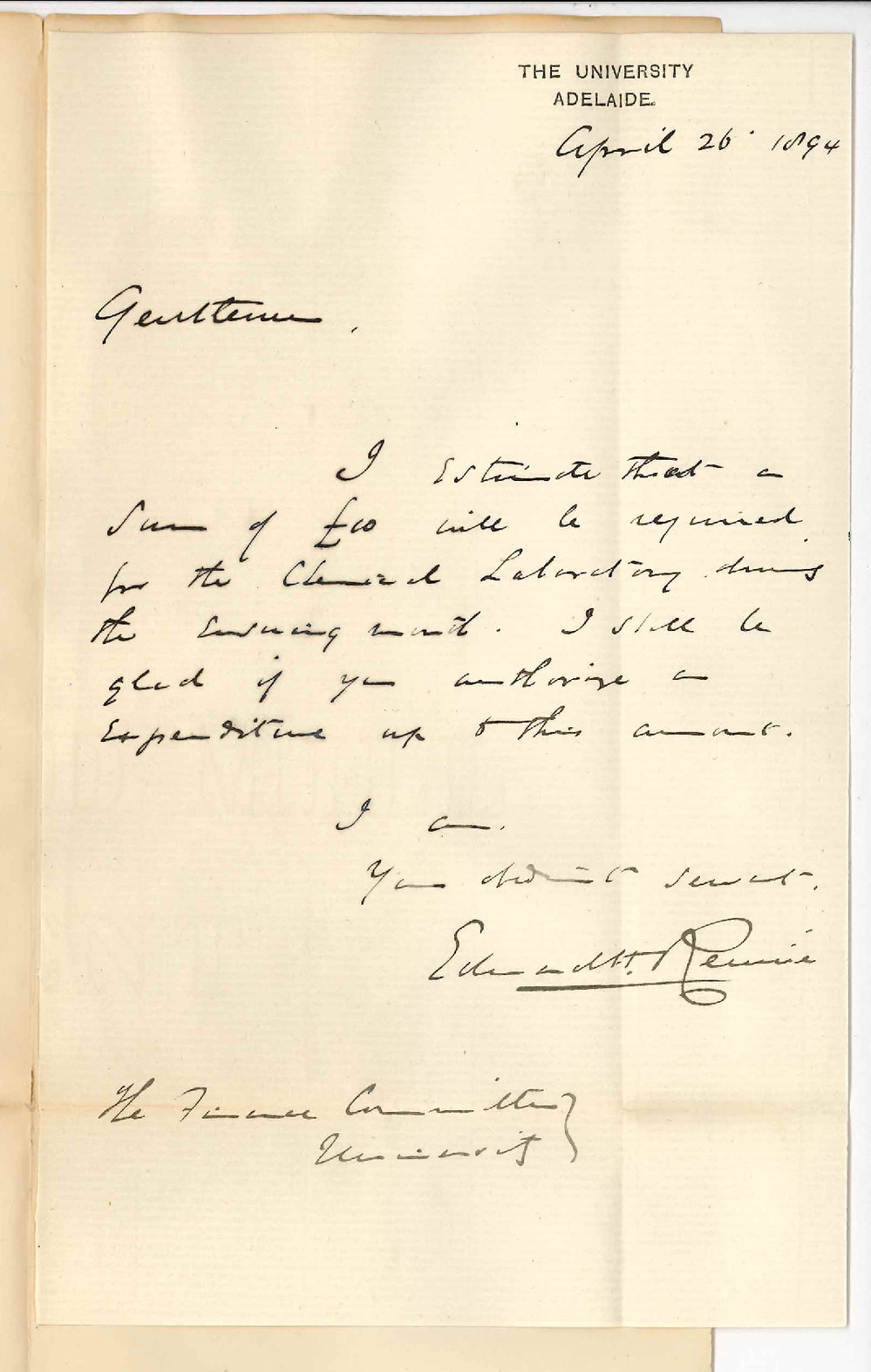 Professor Edward Henry Rennie - The University - Estimate of expenditure for May 1894