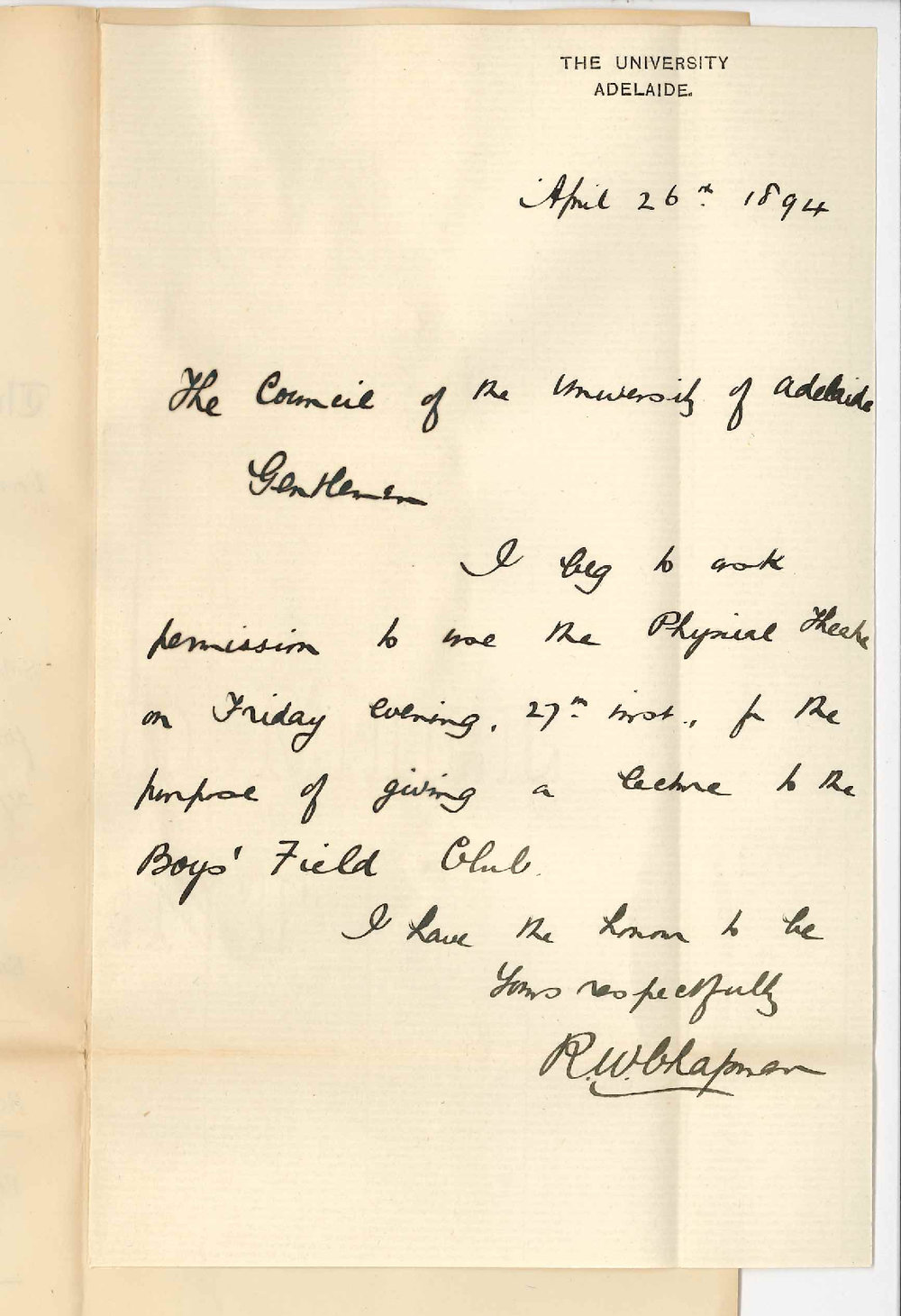 Robert William Chapman - The University - Requests use of Physical Theatre for lecture to Boys Field Club on 27th April 1894