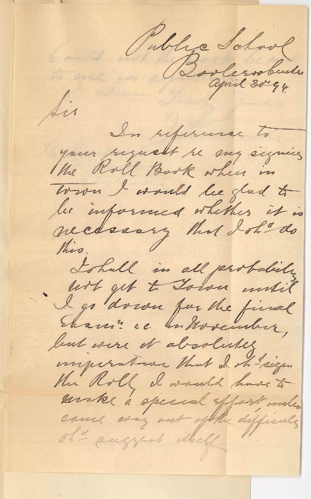 John Kollosche - Public School - Booleroo Centre - Regarding Roll Book His signature therein