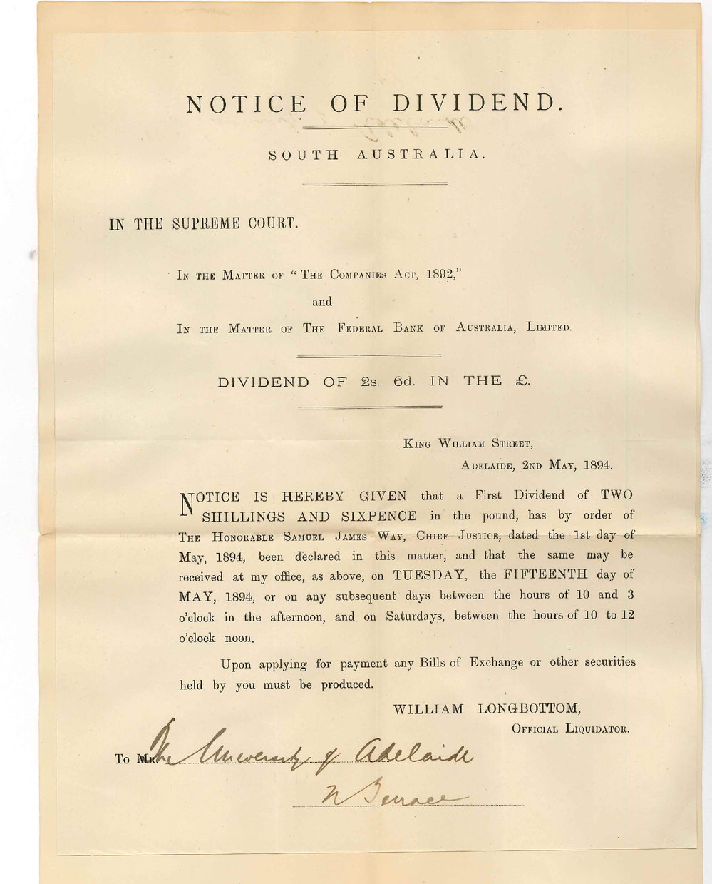 Federal Bank of Australia Limited - King William Street City - Dividend of 2/6 in the &pound; payable on 15th instant