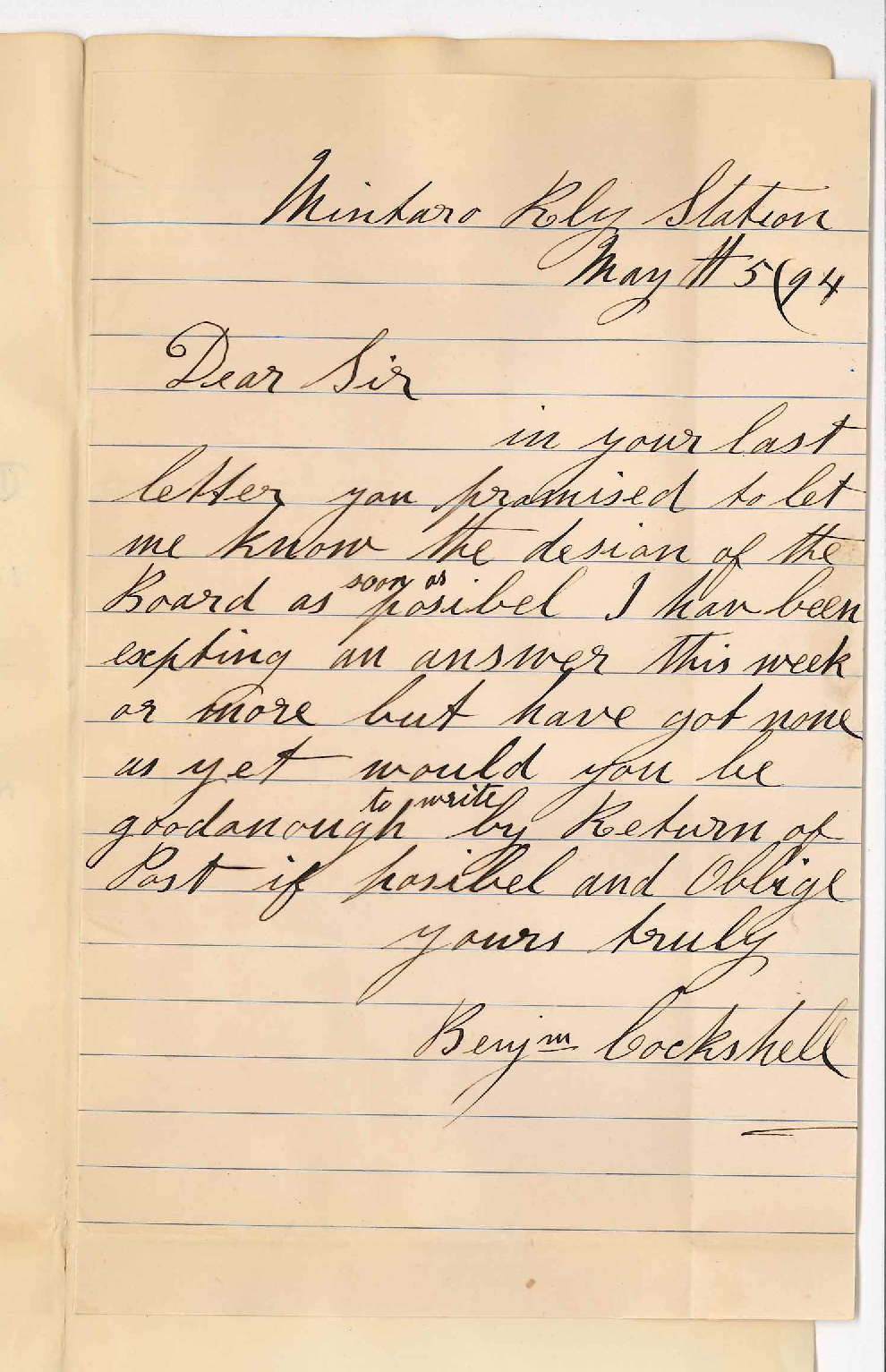 Benjamin Cockshell - Mintaro Railway Station - Requests answer to former letter