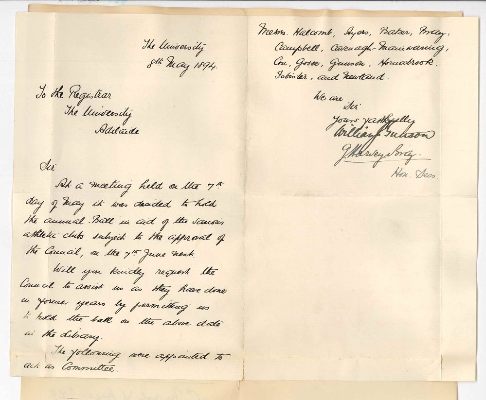 William Joseph Gunson - Gildart Harvey Bray - Honorary Secretaries Ball Committee The University - Request use of Library for a Ball to be held on the 7th June 1894