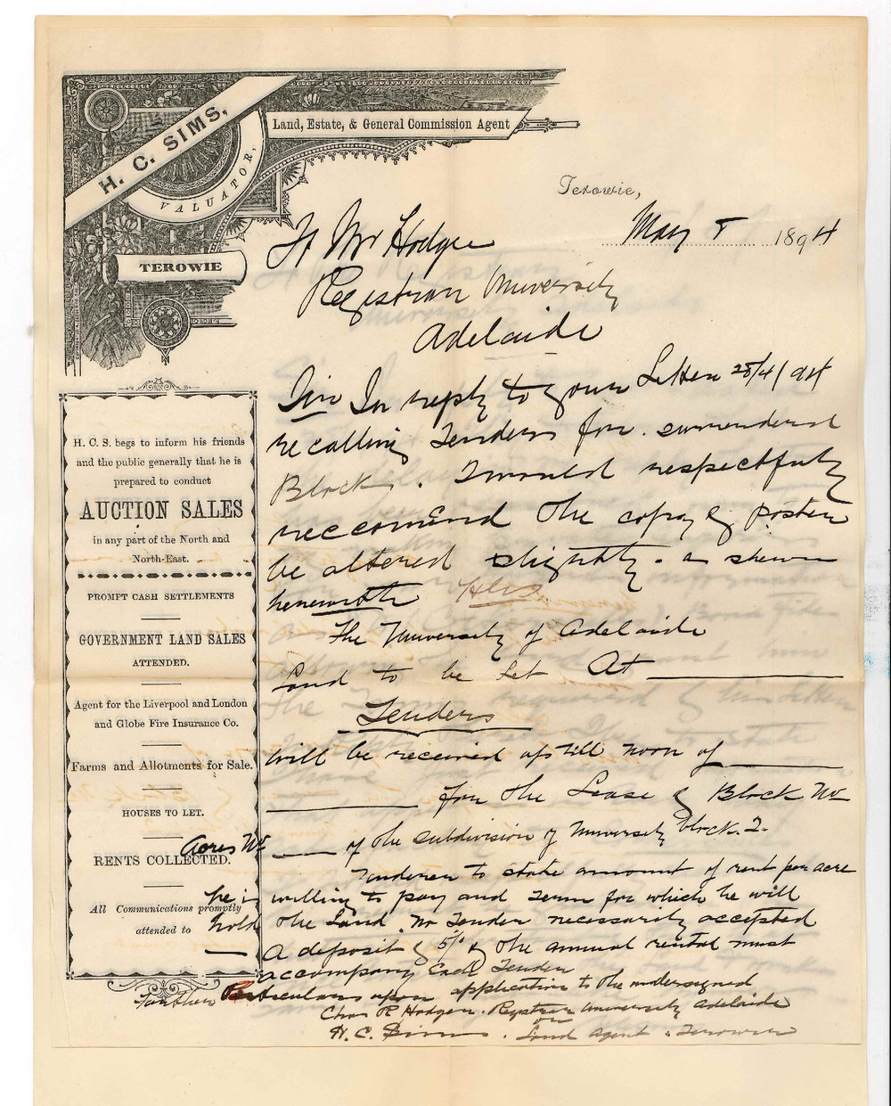 HC Sims - Land, Estate &amp; General Commission Agent - Terowie - Recommends that Cockshells request be granted also forwards draft of proposed poster for advertising land to let