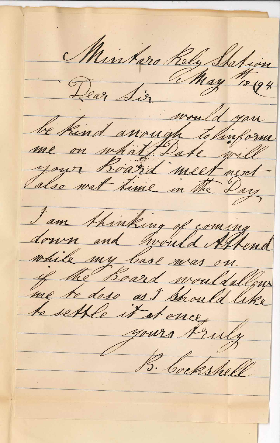 Benjamin Cockshell - Mintaro Railway Station - Will attend Finance Committee Meeting re his lease