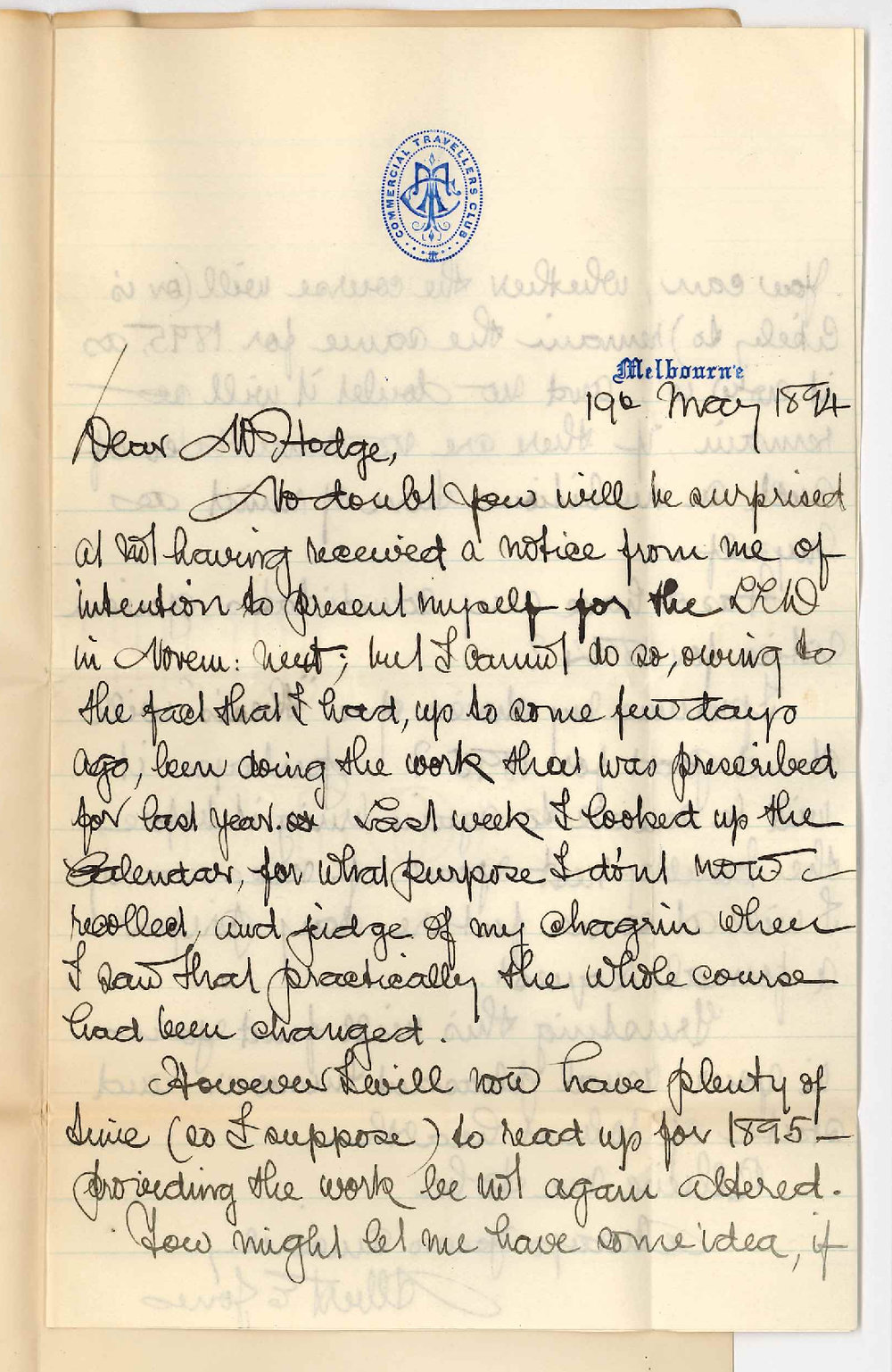 Albert E Jones - Commercial Travellers Club - Melbourne - Unable to present himself for LLD Examination 1894