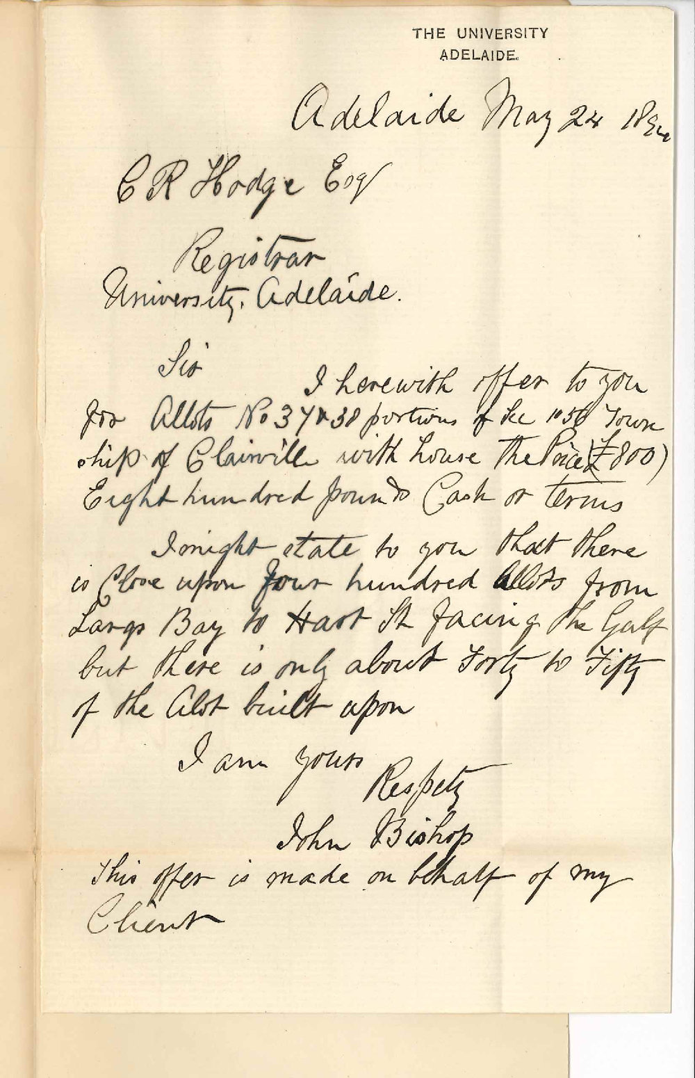 John Bishop - Alberton - Offers &pound;800 for Allotments 37 and 38 with house thereon owned by Charles Hack